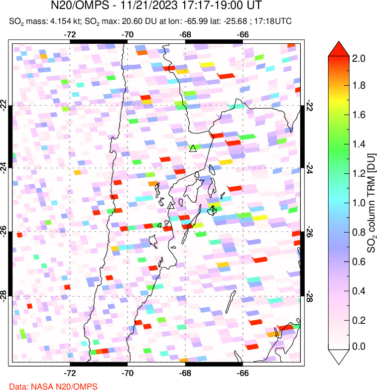 A sulfur dioxide image over Northern Chile on Nov 21, 2023.