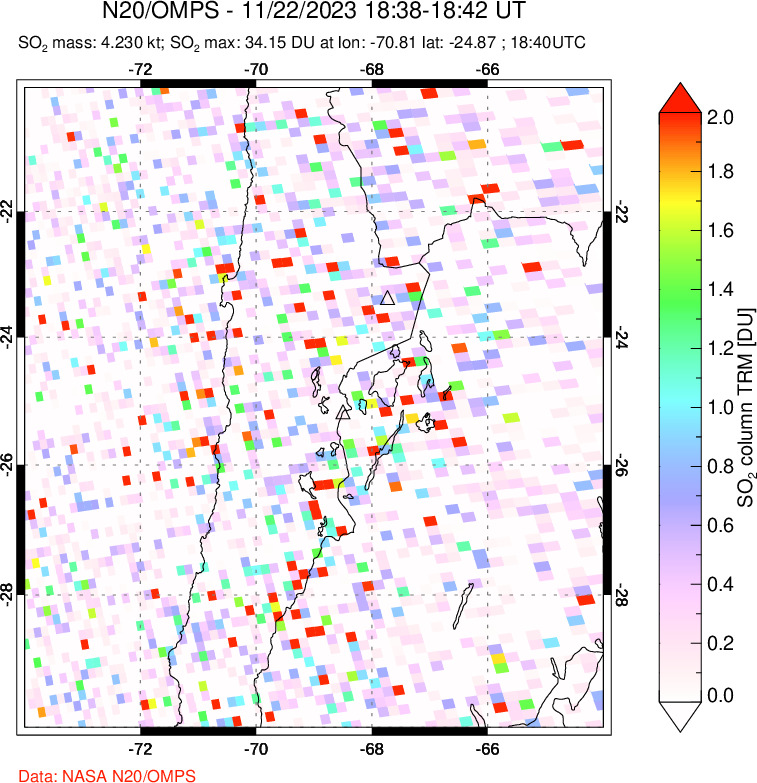 A sulfur dioxide image over Northern Chile on Nov 22, 2023.