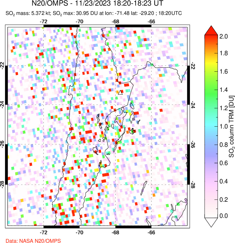 A sulfur dioxide image over Northern Chile on Nov 23, 2023.