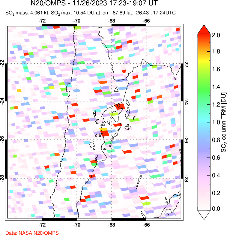 A sulfur dioxide image over Northern Chile on Nov 26, 2023.