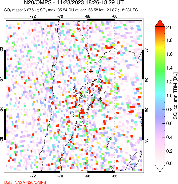 A sulfur dioxide image over Northern Chile on Nov 28, 2023.