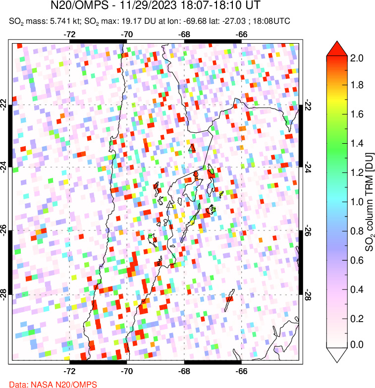 A sulfur dioxide image over Northern Chile on Nov 29, 2023.