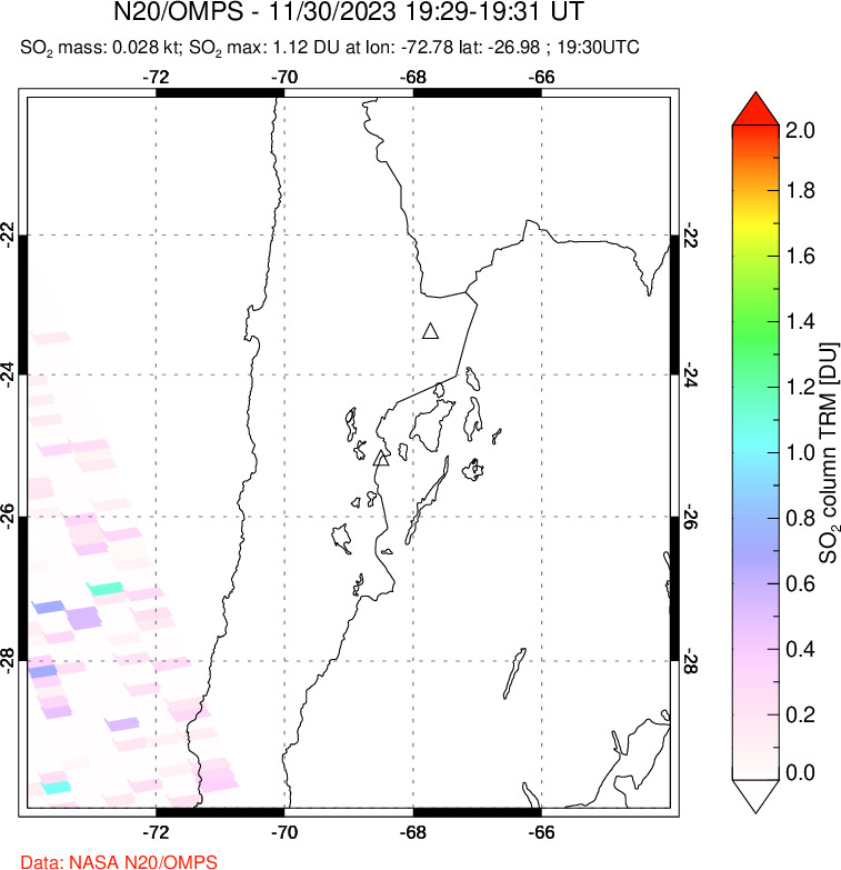 A sulfur dioxide image over Northern Chile on Nov 30, 2023.