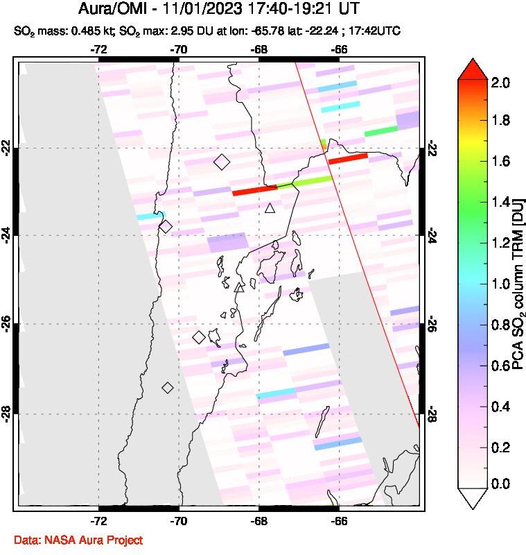 A sulfur dioxide image over Northern Chile on Nov 01, 2023.