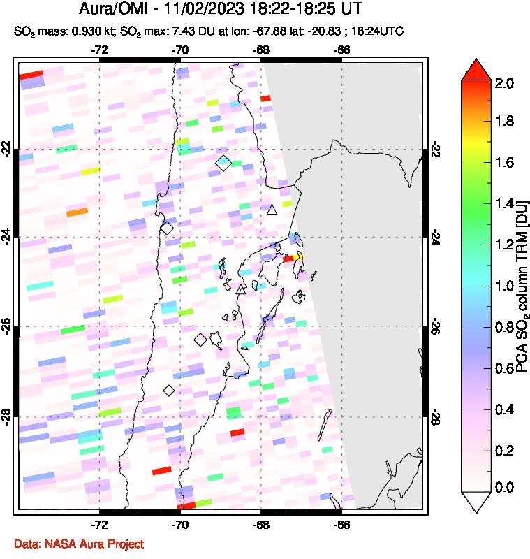 A sulfur dioxide image over Northern Chile on Nov 02, 2023.