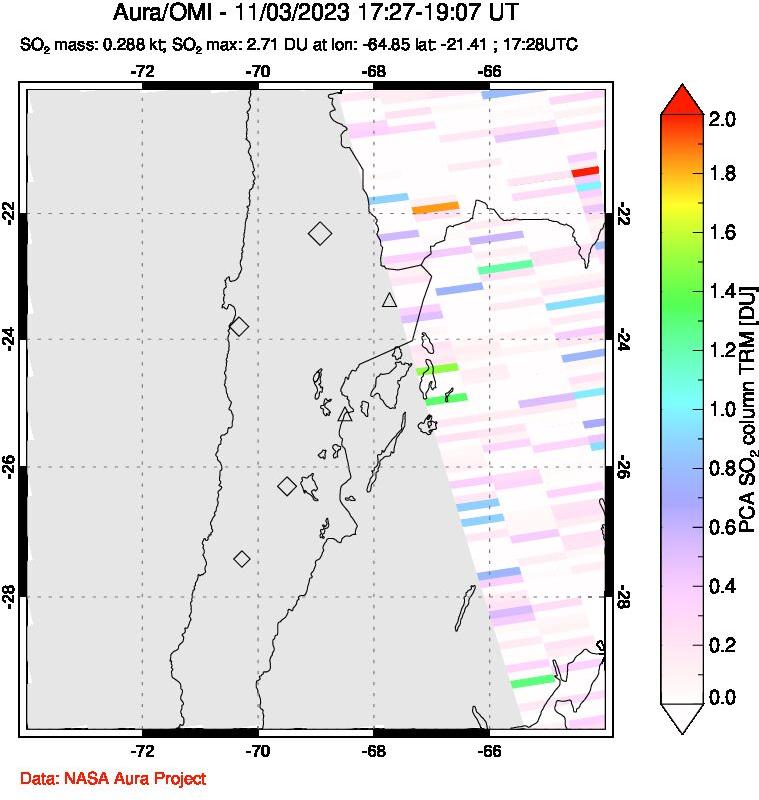 A sulfur dioxide image over Northern Chile on Nov 03, 2023.