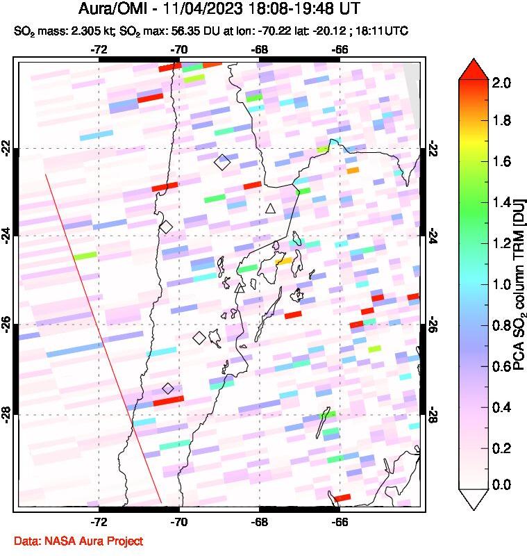 A sulfur dioxide image over Northern Chile on Nov 04, 2023.