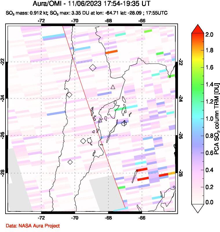 A sulfur dioxide image over Northern Chile on Nov 06, 2023.