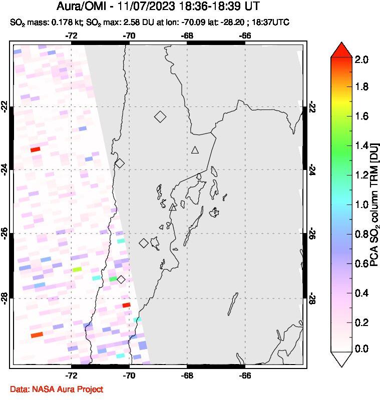 A sulfur dioxide image over Northern Chile on Nov 07, 2023.