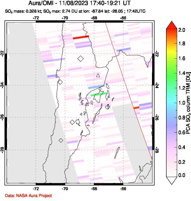 A sulfur dioxide image over Northern Chile on Nov 08, 2023.