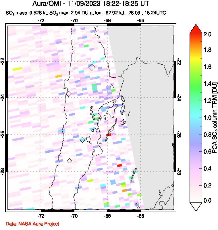 A sulfur dioxide image over Northern Chile on Nov 09, 2023.