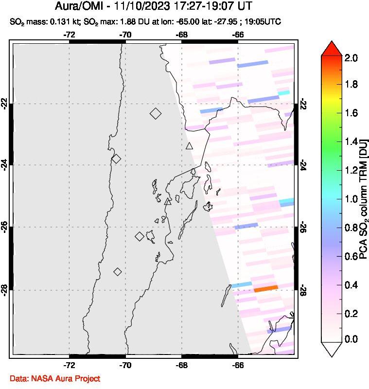 A sulfur dioxide image over Northern Chile on Nov 10, 2023.