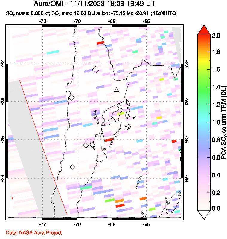 A sulfur dioxide image over Northern Chile on Nov 11, 2023.