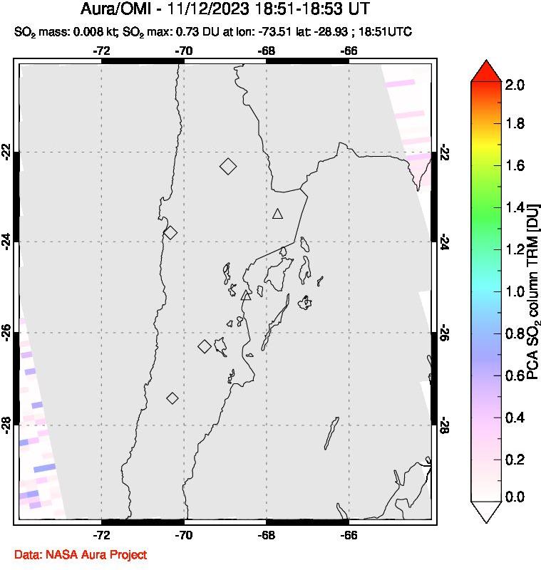 A sulfur dioxide image over Northern Chile on Nov 12, 2023.