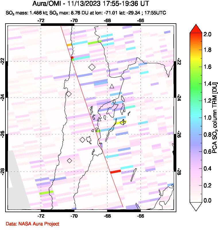 A sulfur dioxide image over Northern Chile on Nov 13, 2023.