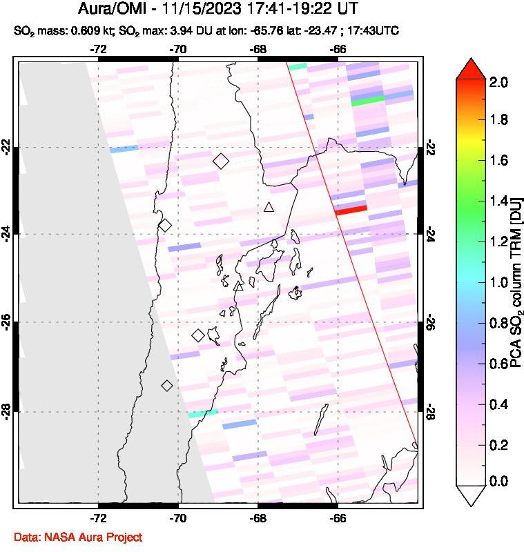 A sulfur dioxide image over Northern Chile on Nov 15, 2023.