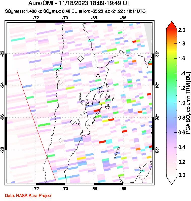 A sulfur dioxide image over Northern Chile on Nov 18, 2023.