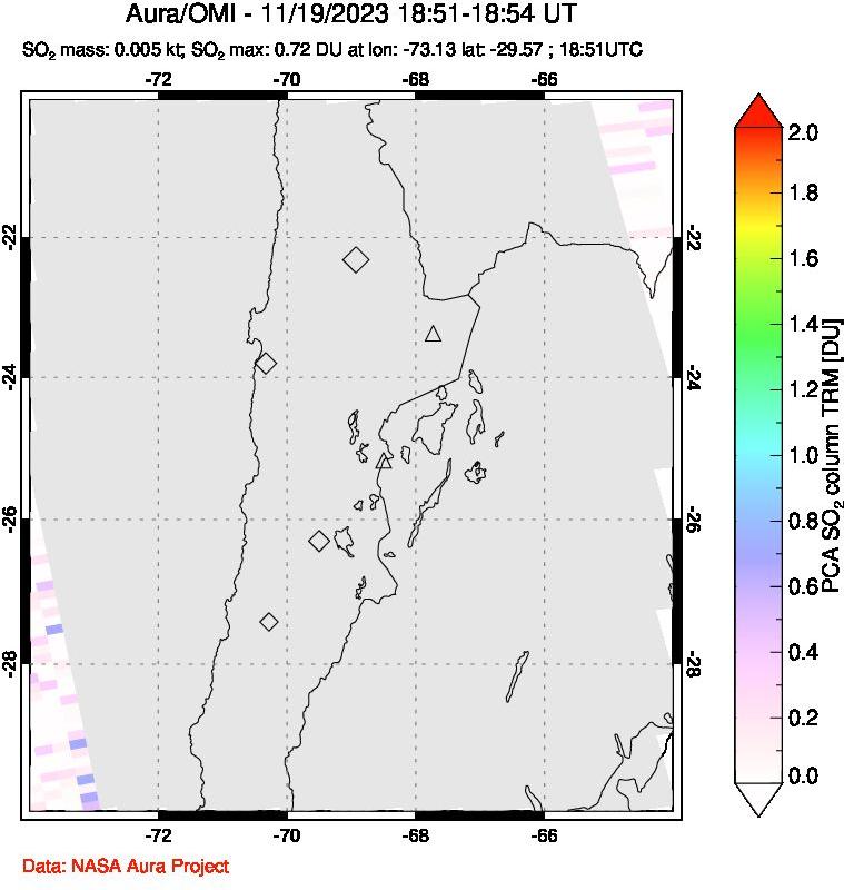 A sulfur dioxide image over Northern Chile on Nov 19, 2023.