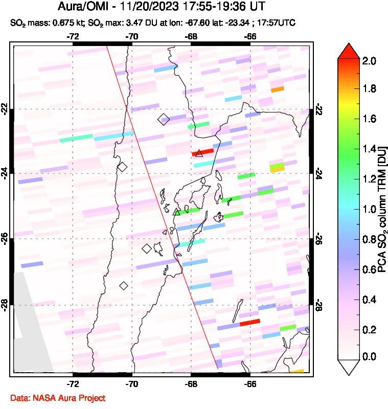 A sulfur dioxide image over Northern Chile on Nov 20, 2023.