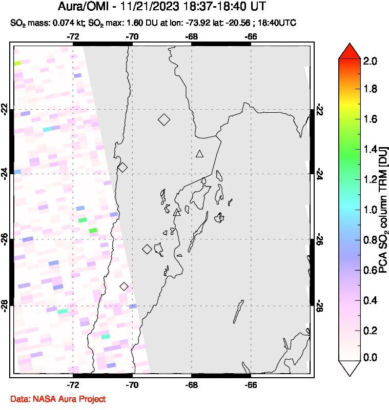 A sulfur dioxide image over Northern Chile on Nov 21, 2023.