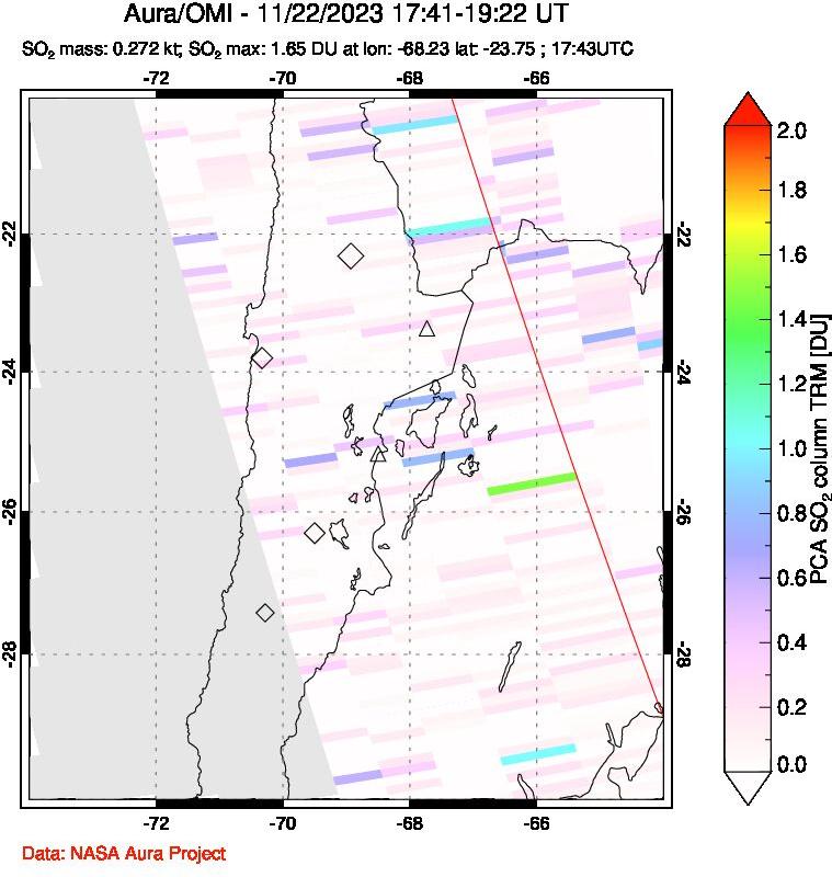 A sulfur dioxide image over Northern Chile on Nov 22, 2023.