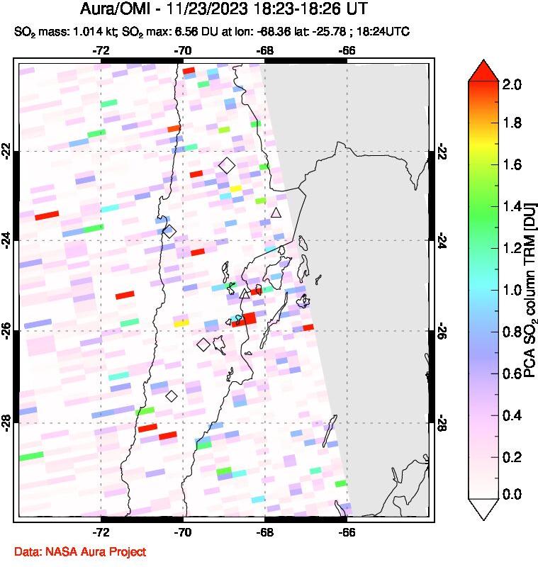 A sulfur dioxide image over Northern Chile on Nov 23, 2023.