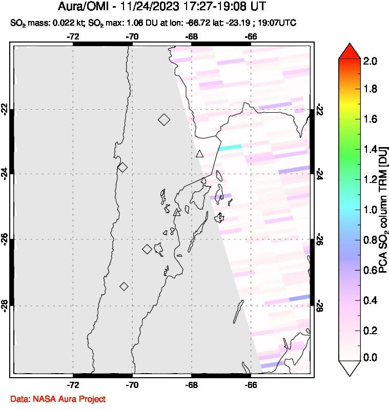 A sulfur dioxide image over Northern Chile on Nov 24, 2023.