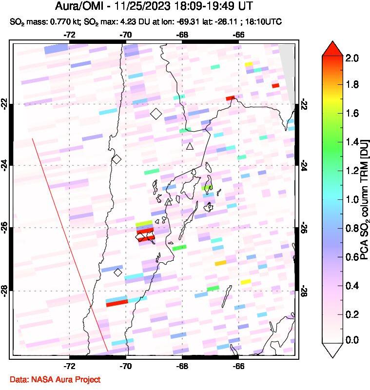 A sulfur dioxide image over Northern Chile on Nov 25, 2023.