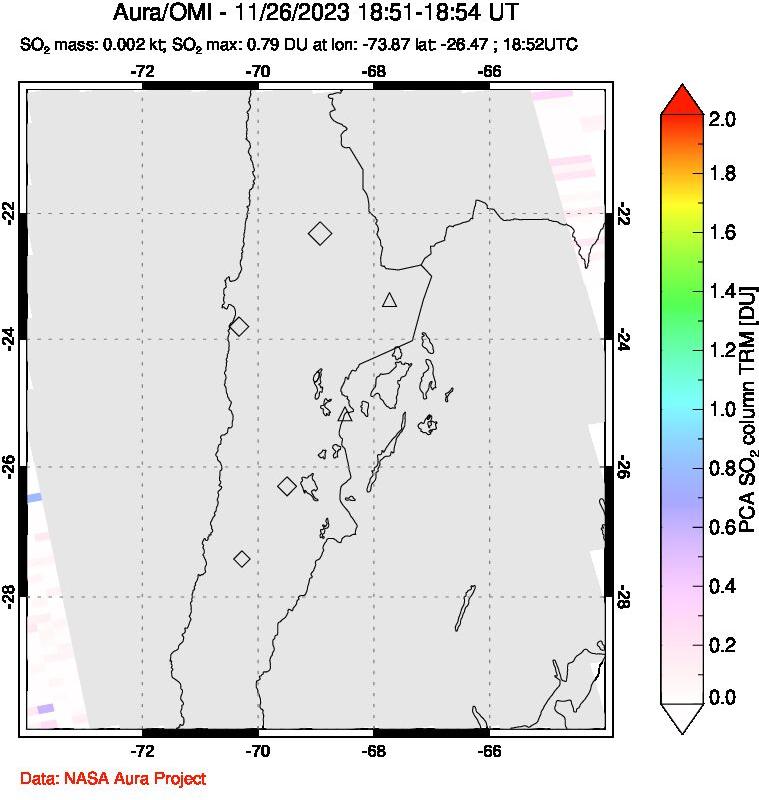 A sulfur dioxide image over Northern Chile on Nov 26, 2023.