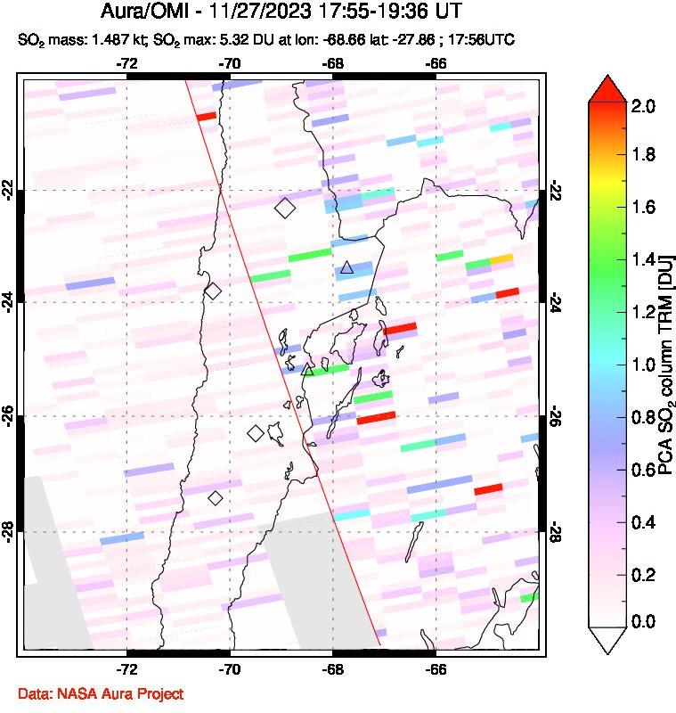 A sulfur dioxide image over Northern Chile on Nov 27, 2023.