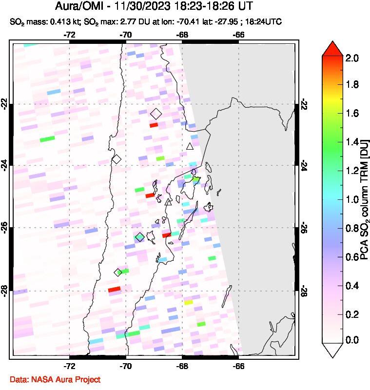 A sulfur dioxide image over Northern Chile on Nov 30, 2023.