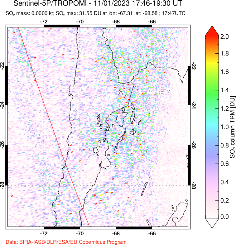 A sulfur dioxide image over Northern Chile on Nov 01, 2023.