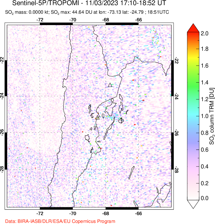 A sulfur dioxide image over Northern Chile on Nov 03, 2023.