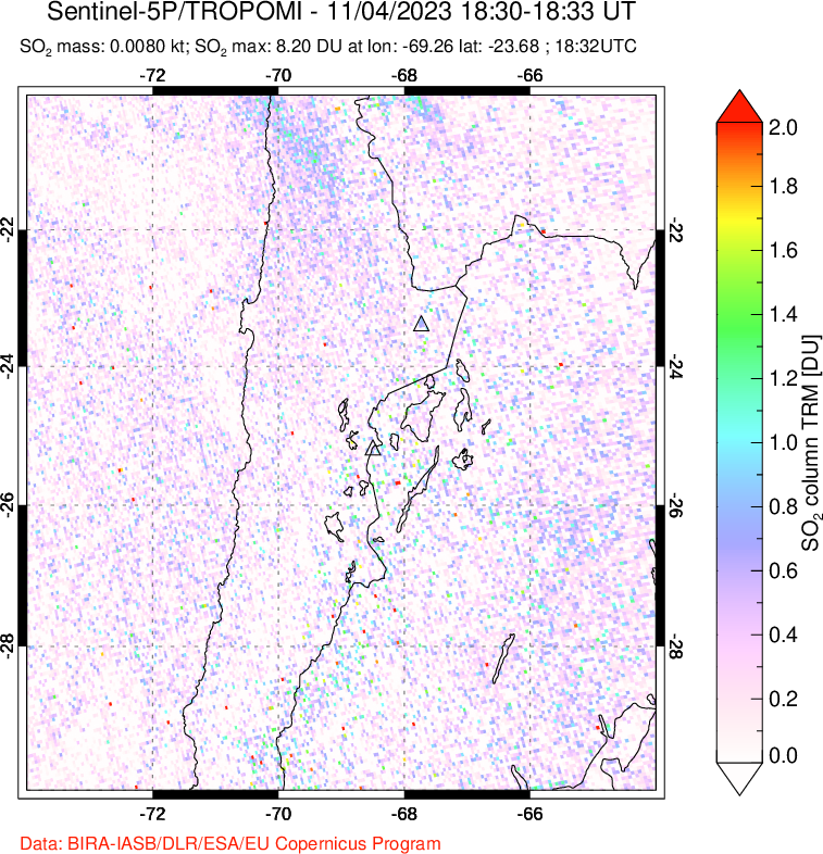 A sulfur dioxide image over Northern Chile on Nov 04, 2023.