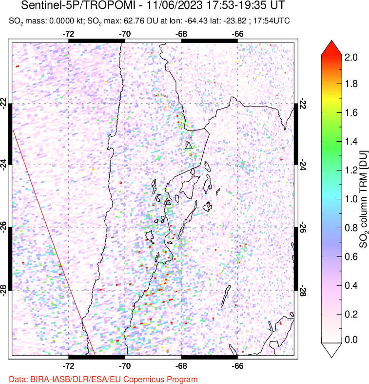 A sulfur dioxide image over Northern Chile on Nov 06, 2023.