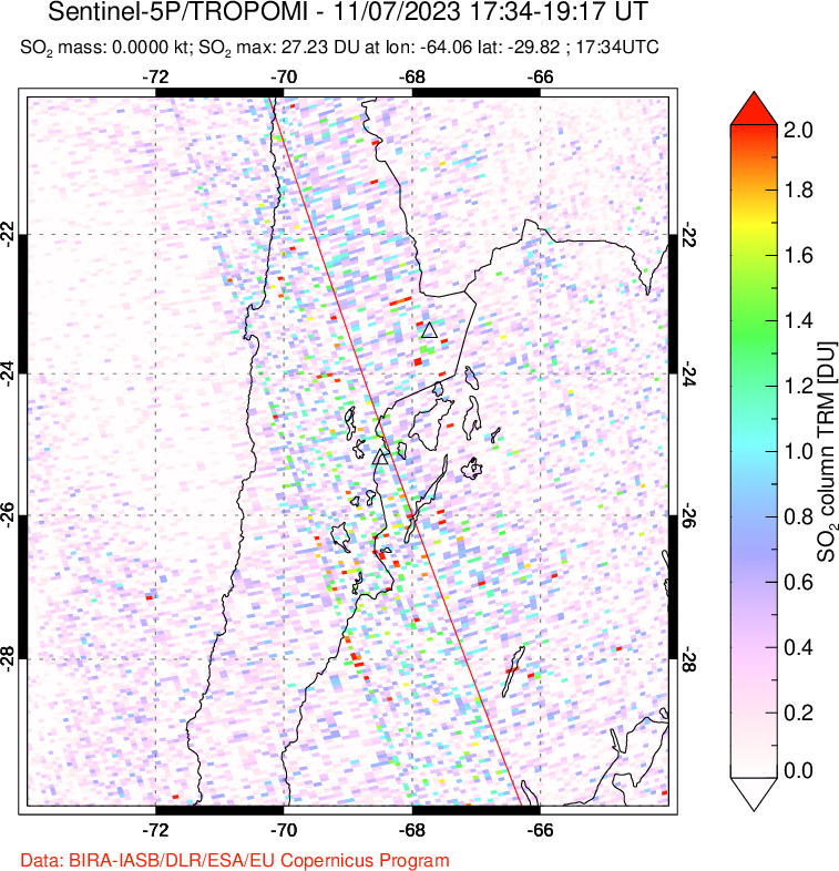 A sulfur dioxide image over Northern Chile on Nov 07, 2023.