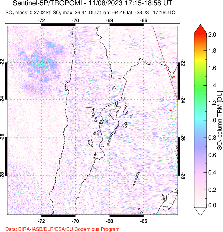 A sulfur dioxide image over Northern Chile on Nov 08, 2023.