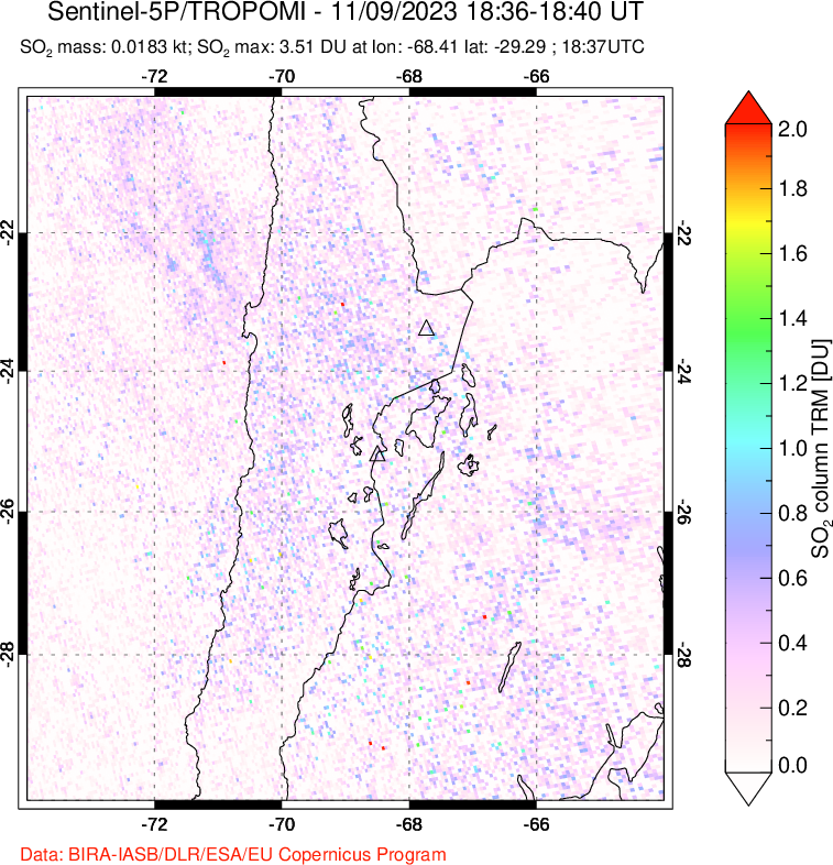 A sulfur dioxide image over Northern Chile on Nov 09, 2023.