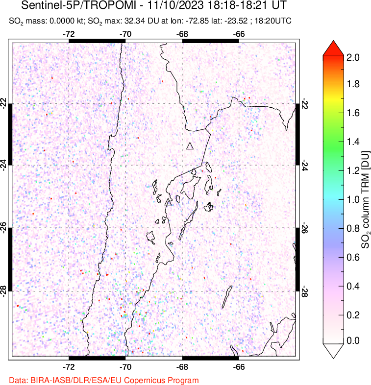 A sulfur dioxide image over Northern Chile on Nov 10, 2023.