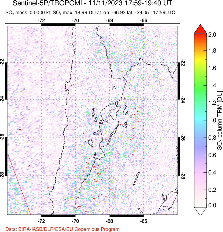 A sulfur dioxide image over Northern Chile on Nov 11, 2023.