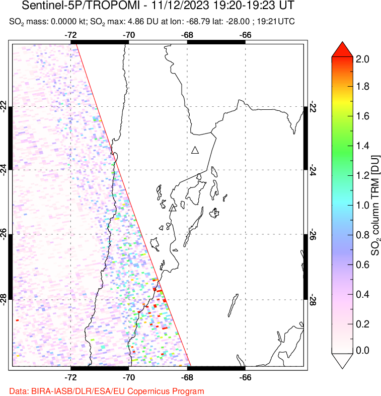 A sulfur dioxide image over Northern Chile on Nov 12, 2023.