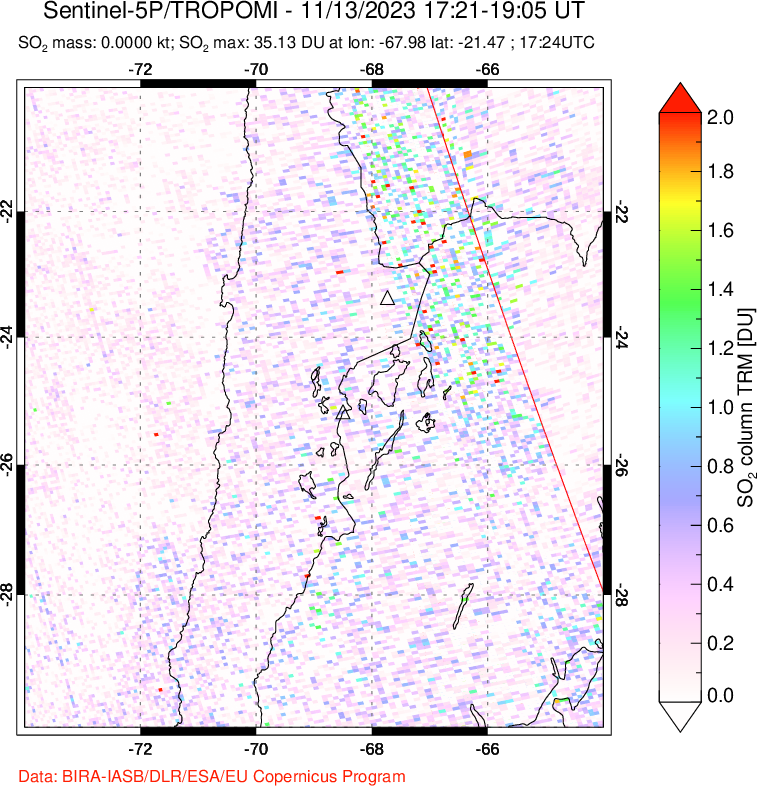 A sulfur dioxide image over Northern Chile on Nov 13, 2023.