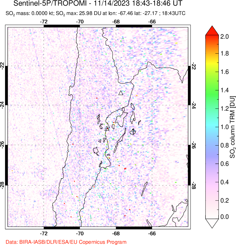 A sulfur dioxide image over Northern Chile on Nov 14, 2023.