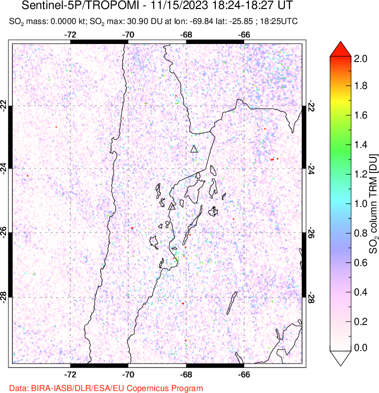 A sulfur dioxide image over Northern Chile on Nov 15, 2023.