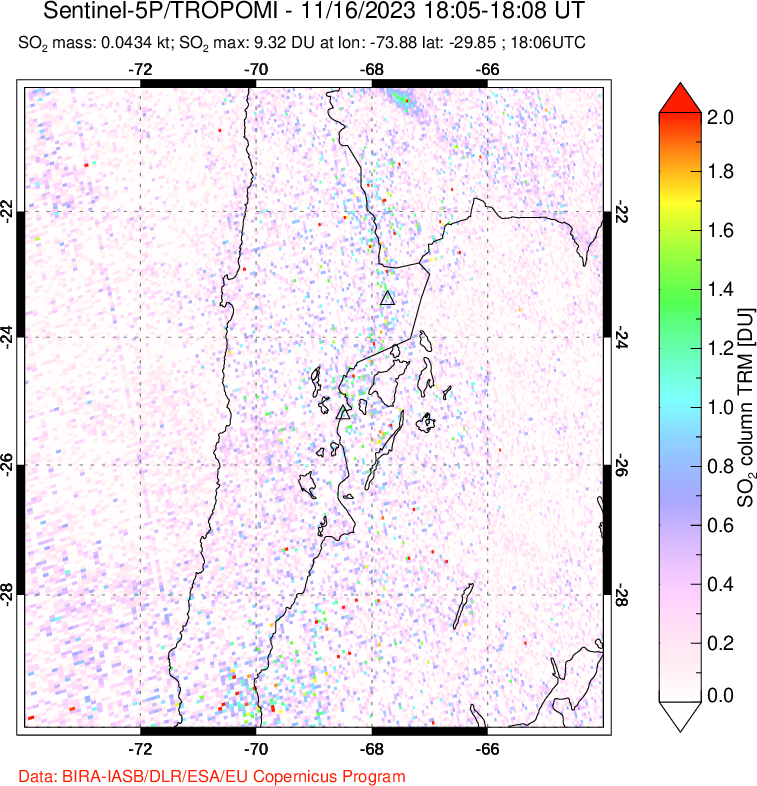 A sulfur dioxide image over Northern Chile on Nov 16, 2023.