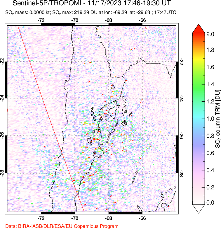 A sulfur dioxide image over Northern Chile on Nov 17, 2023.