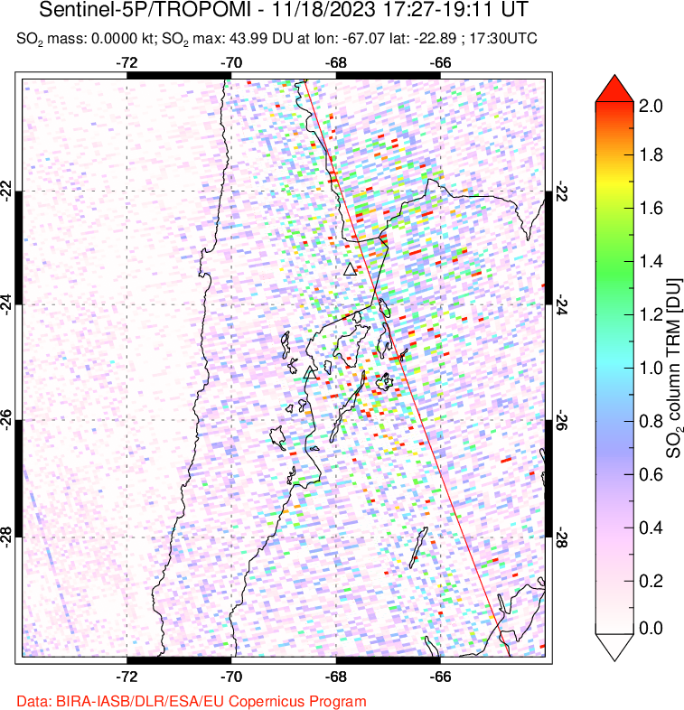 A sulfur dioxide image over Northern Chile on Nov 18, 2023.