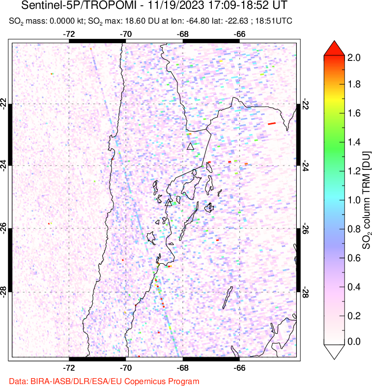 A sulfur dioxide image over Northern Chile on Nov 19, 2023.