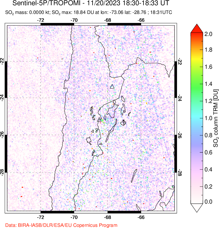 A sulfur dioxide image over Northern Chile on Nov 20, 2023.