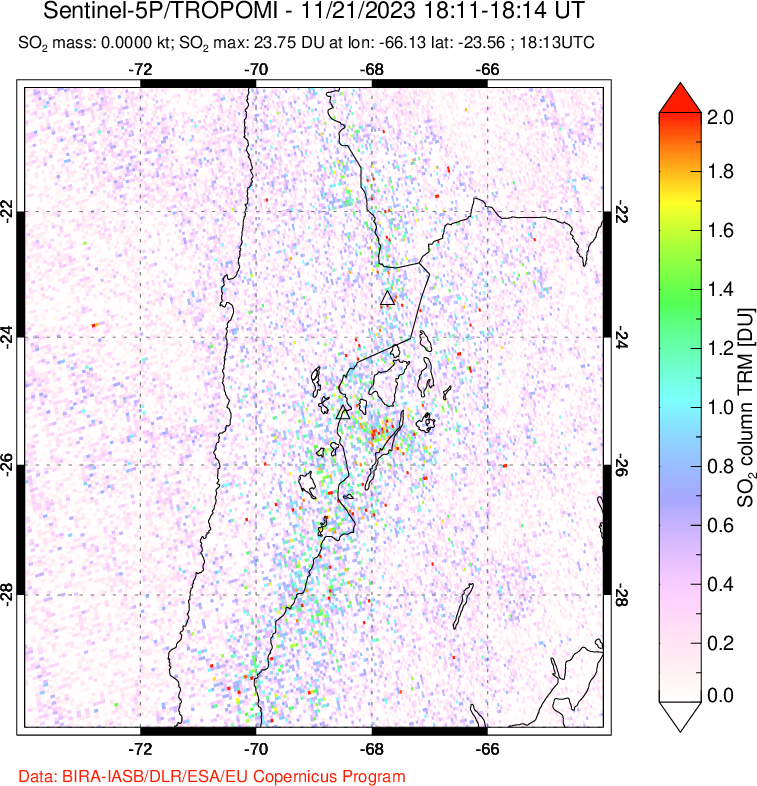 A sulfur dioxide image over Northern Chile on Nov 21, 2023.